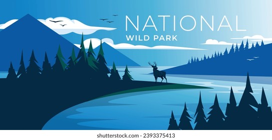 río entre montañas de pino al atardecer azul. Silhouette de ciervos salvajes. Reflexión del agua. Ilustración pacífica del vector paisajístico. Parque natural de animales.
