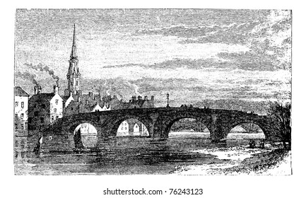 River Ayr Bridges. Old Bridge or Auld Brig over Ayr River, in Scotland, during the 1890s, vintage engraving. Old engraved illustration of the Old Bridge over the Ayr River.