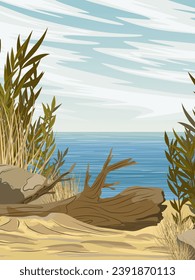 A river bank with a fallen tree. Realistic vector vertical landscape