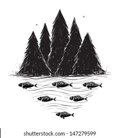 River Bank with Forest and Fish. Layered vector EPS8 illustration in black color.