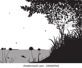 river bank with grass and tree, forest pond, shadows, jungle, vector