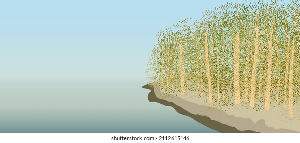 River bank with green forest and foggy horizon