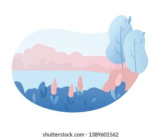 River bank landscape vector illustration. Hand drawn flowers, bushes, trees flat background. Isolated design element. Wild nature banner backdrop cartoon drawing. Forest, lake picturesque scenery