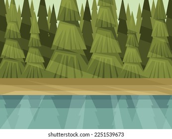 La orilla del río en el fondo del bosque. Conifer Thicket. Gráficos vectoriales