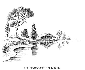 River bank panorama. Nature artistic sketch, relaxation and meditation background