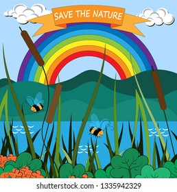 River bank with plants, flowers and insects. On the other side are visible blue sky, big rainbow and inscription - save nature. Vector illustration