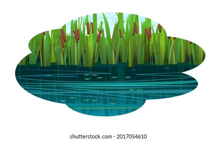 River bank for recreation and fishing. Cute summer rural landscape with water. Current and waves. Reflection. Summer composition In the form of a cloud. Illustration vector.