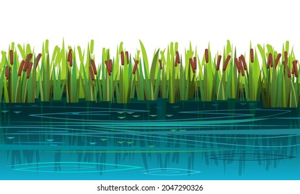 River bank for recreation and fishing. Cute summer rural landscape with water. Current and waves. Reflection. Summer Horizontal composition. Illustration vector.