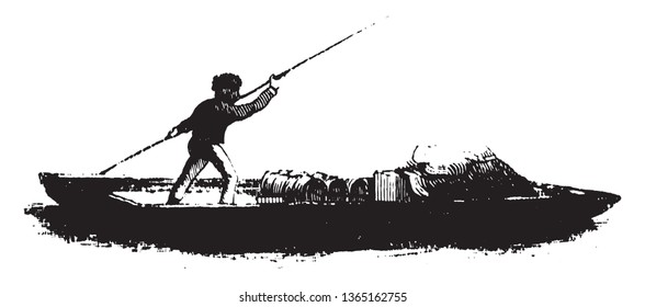 River Bateau was a shallow draft river craft used during the period from 1775 to 1840 to transport tobacco, vintage line drawing or engraving illustration.