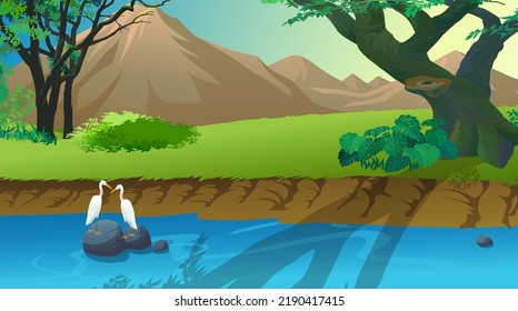 River beside the forest and hill track nature landscape for cartoon animation background.