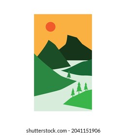 river between green mountains illustration