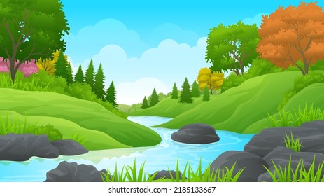 River Between Lush Green Hills With Rocks Vector Illustration