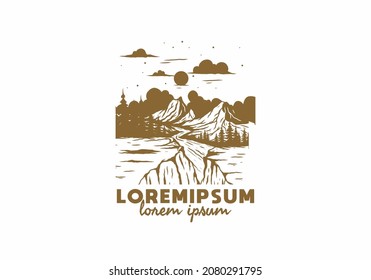 River between mountain cliffs illustration design