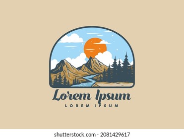 River between mountain cliffs illustration design