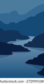 Fluss zwischen Bergen dunkelblau Farbe flach Vektor