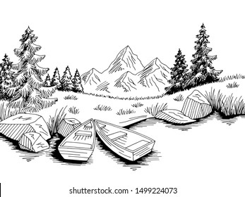 River boat graphic black white landscape sketch illustration vector