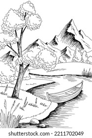 River boat graphic black white landscape vertical sketch illustration vector 