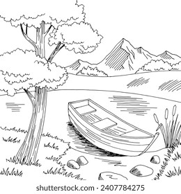 River boat graphic black white landscape sketch illustration vector 