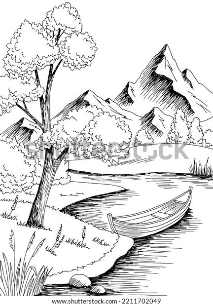 River Boat Graphic Black White Landscape Stock Vector (royalty Free 