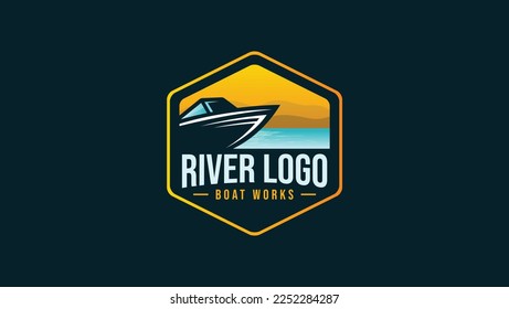 River boat logo, Lake views with retro badge design