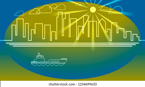 river boat on the background of the metropolis. vintage background with cityscape, vector