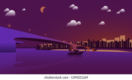 river boat sails under the bridge against the backdrop of the urban night landscape. author's drawing. vector