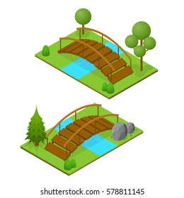 River Bridge Isometric View Design Element for Garden or Park Landscape. Vector illustration
