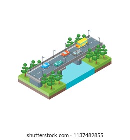 River Bridge Isometric View Element of Map Plan on a White Background. Vector illustration