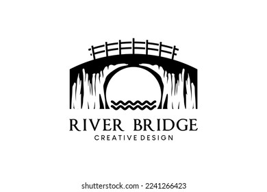 Diseño del logotipo de la ilustración del vector del puente fluvial, estilo vintage del puente de madera