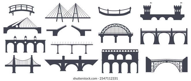 River bridges silhouettes. Ancient or modern city bridge black silhouette logo, arched suspension construction column railway highway transport connection, neat vector illustration original artwork