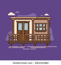 River with building standing on it. Exterior view on floating house or construction with fence, living structure on ocean or sea, apartment or villa on water, swimming bungalow. Architecture