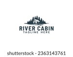 River cabin logo with a combination of a house, pines, and river or lake waters.