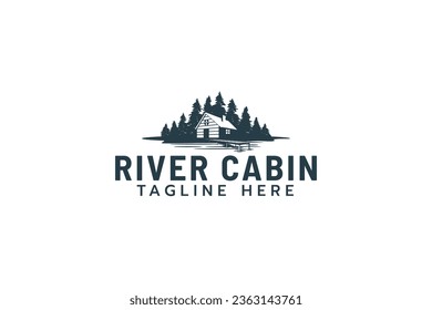 River cabin logo with a combination of a house, pines, and river or lake waters.
