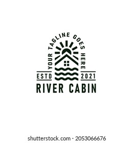 River cabin logo emblem with river, cabin and sun symbol vintage vector illustration