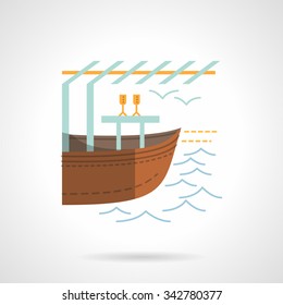 River or canal with boat. Water trade. Flat color style vector icon. Single web design element for mobile app or website.