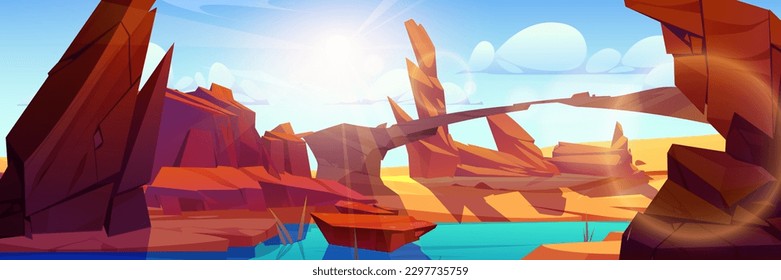 River in canyon desert cartoon vector landscape. Rock cliff terrain near water background illustration. Western ground valley in Arizona with brown rocky arc panoramic scene. California nature horizon