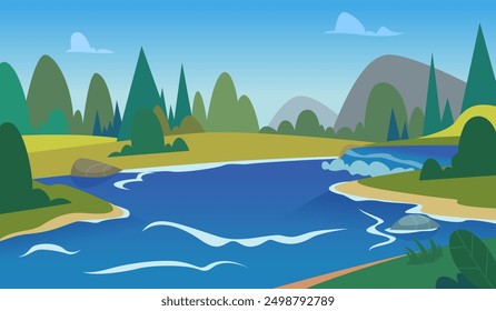 Río. fondo al aire libre de la historieta con paisaje de río rápido