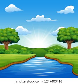 River cartoons in the middle beautiful natural scenery