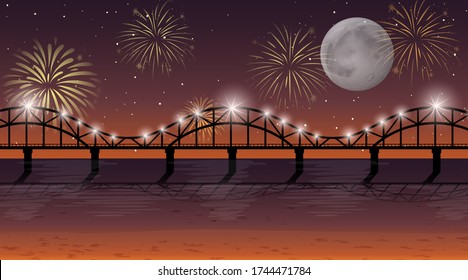 River with celebration fireworks scene illustration