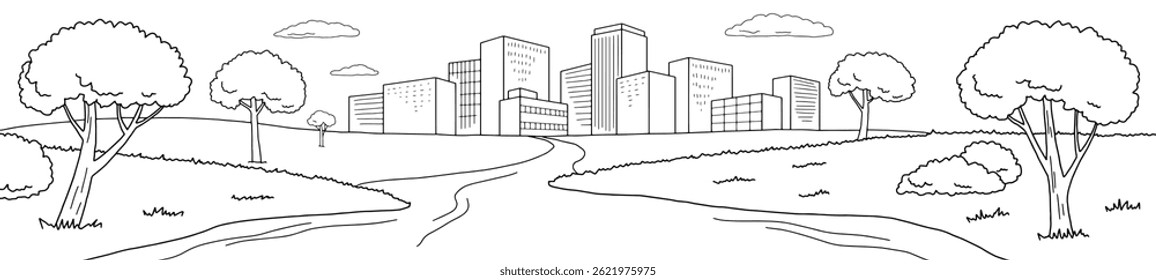 River city graphic black white cityscape skyline long sketch illustration vector 