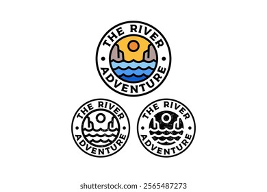 river with cliff edge canyon circle badge vector illustration template graphic design collection with colorful, filled and line art style for adventure and outdoors merchandise and other uses.