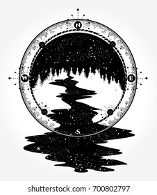 River And Compass Tattoo And T-shirt Design 