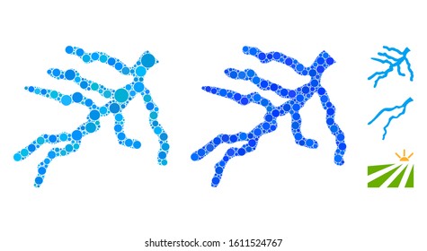 River composition of filled circles in various sizes and shades, based on river icon. Vector small circles are united into blue composition. Dotted river icon in usual and blue versions.