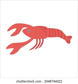 A river crab, a cute red color with claws and a tail, a marine inhabitant. Vector illustration isolated on a white background
