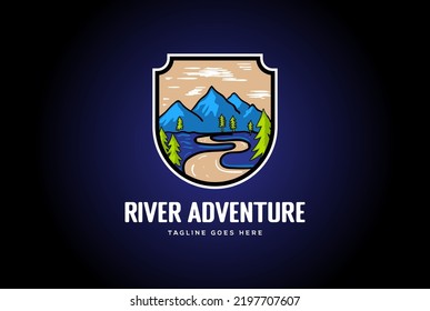 River Creek Mountain with Pine Fir Trees Forest Badge Emblem for Outdoor Hiking Camp Adventure Logo Design