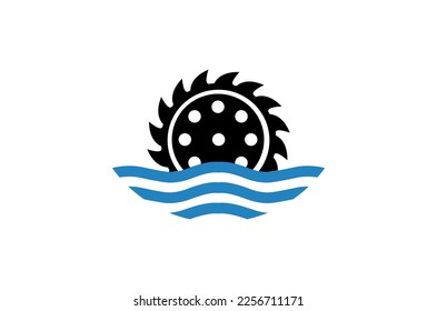 River Creek Water Mill, Ocean Sea Wave Cog Wheel Gear logo design inspiration