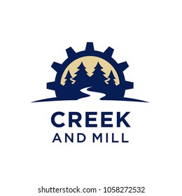 River Creek Wheel Gear Mill Cog, Fir Pines Evergreen Forest Nature logo design 