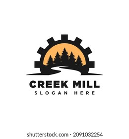 River Creek Wheel Gear Mill Cog, Fir Pines Evergreen Forest Nature logo design