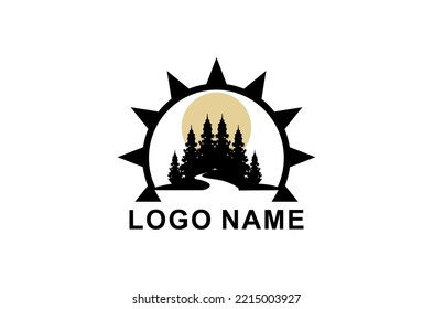 River Creek Wheel Gear Mill Cog, Fir Pines Evergreen Forest Nature logo design