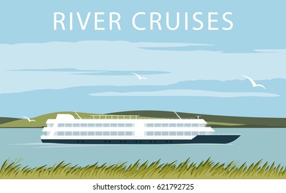 River cruise ship. Recreational waterway travel. Illustration in flat design. Summer trip background